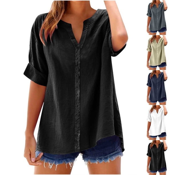 Tops bohemios sin mangas,Camiseta informal de manga corta con cuello redondo para mujer, mezcla de algodón y lino, blusa holgada para verano, para usar en casa, sopatenor