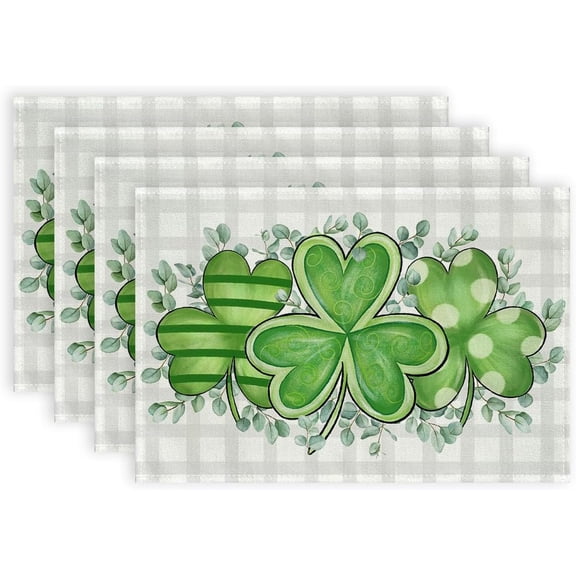 Bufflao Plaid Shamrock St. Patrick's Day Placemats Set of 4, 12x18 Inch Seasonal Spring Table Mats for Party Kitchen Dining Decoration