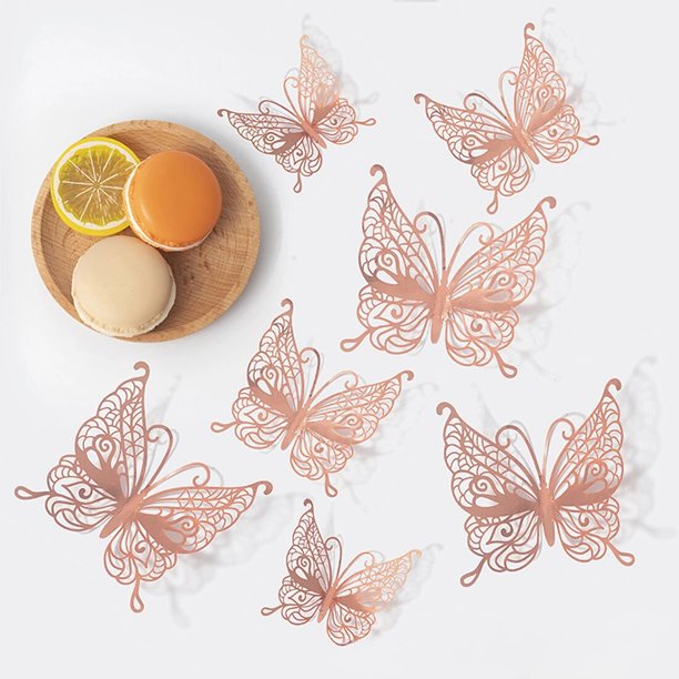 Juego de pegatinas de mariposa 3d ahuecadas, pegatinas de papel brillante para ventana, pared colorida, decoraciones de año nuevo para el hogar, oro rosa y plata, 12 unids/set