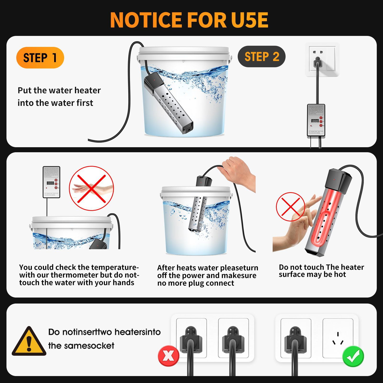 Immersion Water Heater, 2000W Pool Heater with 304 SS Guard, Bathtub, Quickly Heats 5 Gallons of Water, Small Portable,Rapid Heating in Minutes Black