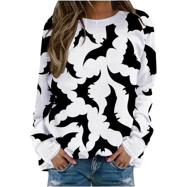 Chandail en Molleton Citrouille Chat pour Femmes Halloween Col Rond Chandail Manches Longues Hauts Décontractés Amples