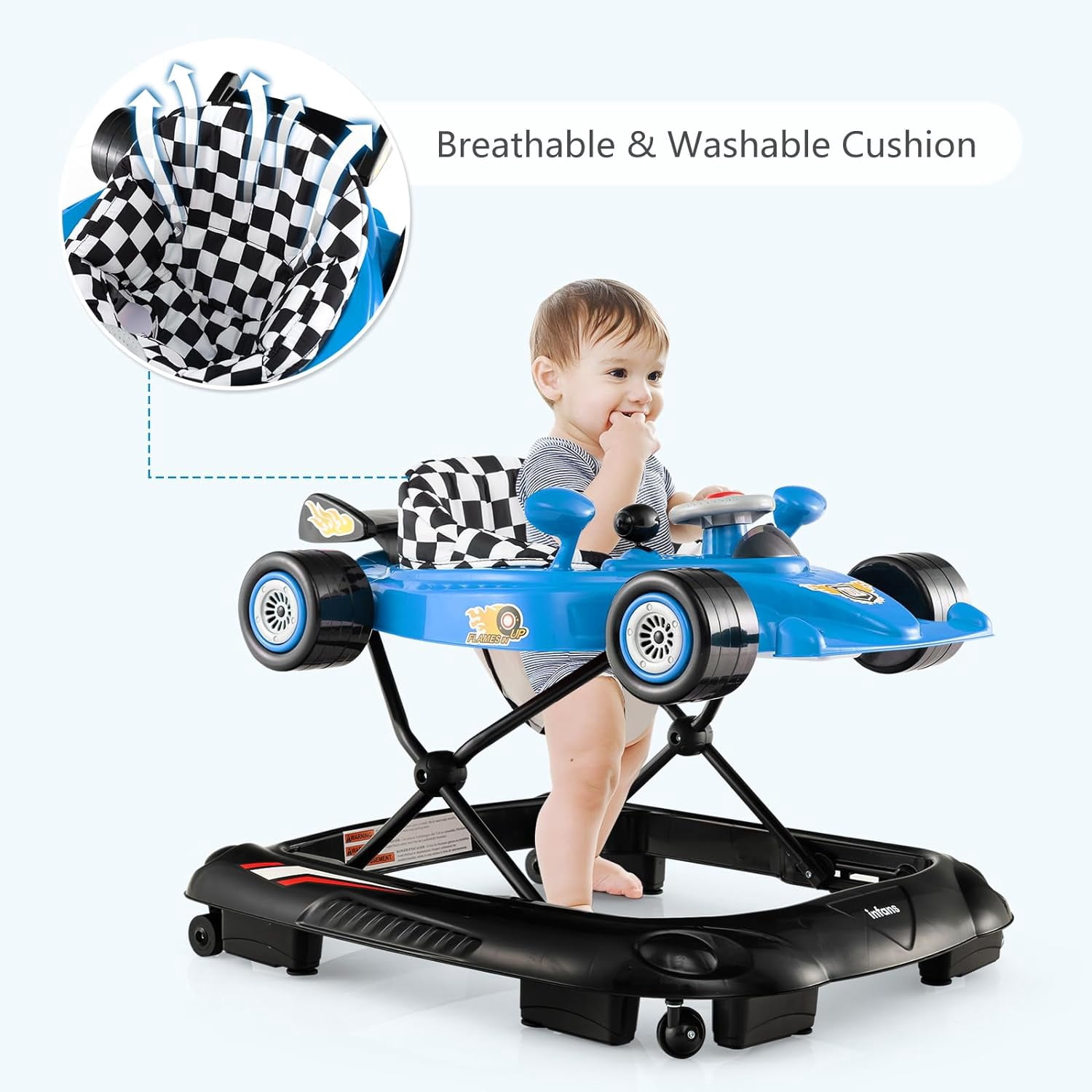 INFANS Foldable Baby Walker, Toddler Activity Center Leaning-Seated Walk-Behind with Steering Wheel, Adjustable Height, Lights, Music, Washable Seat Cushion (Blue)