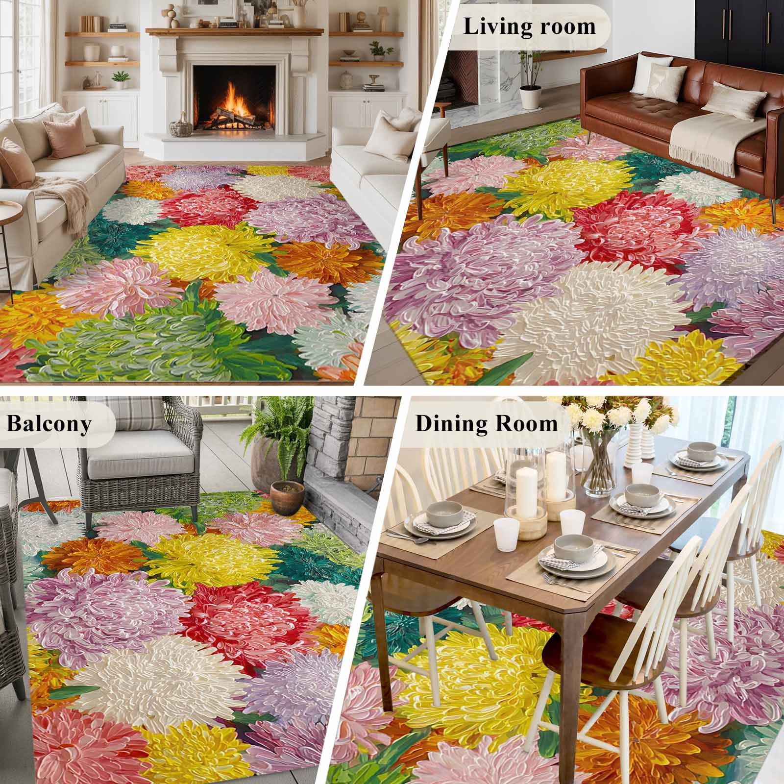 Rectangle Area Rugs 5 x 7 Ft, Watercolor Chrysanthemum Non-Slip Residential Carpet, Vintage Abstract Oil Painting Floral Indoor Crawling Mats Runner Rugs for Living Room/Dining Room/Bedroom