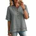thumbnail image 2 of Womens Cotton Linen Boho Tops Summer Gauze Fringe Retro Shirts Short Sleeve V Neck Raw Hem Loose Beach Blouses, S, 2 of 5