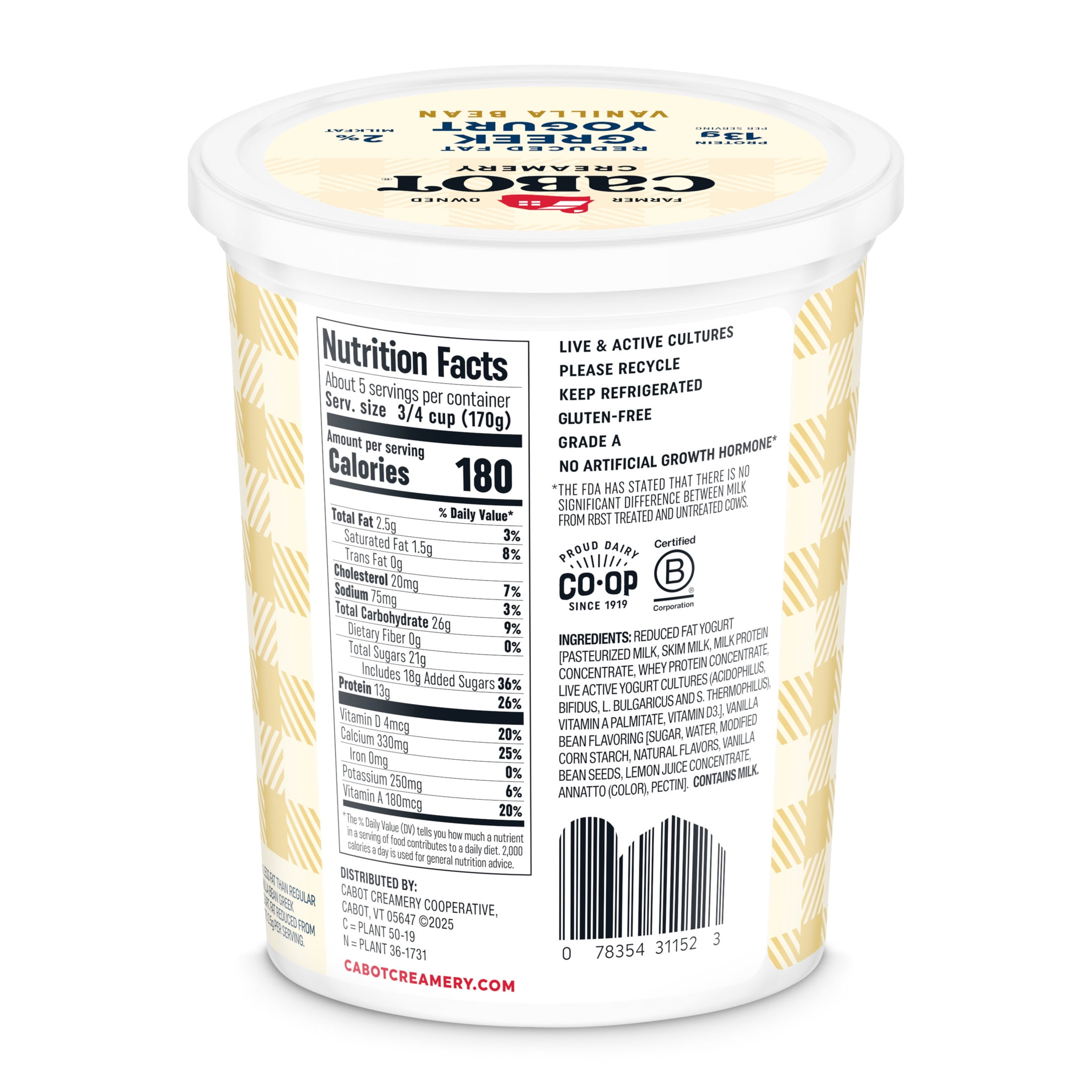 Cabot Creamery Lowfat Vanilla Bean Greek Yogurt 2 lb (Refrigerated Tub)