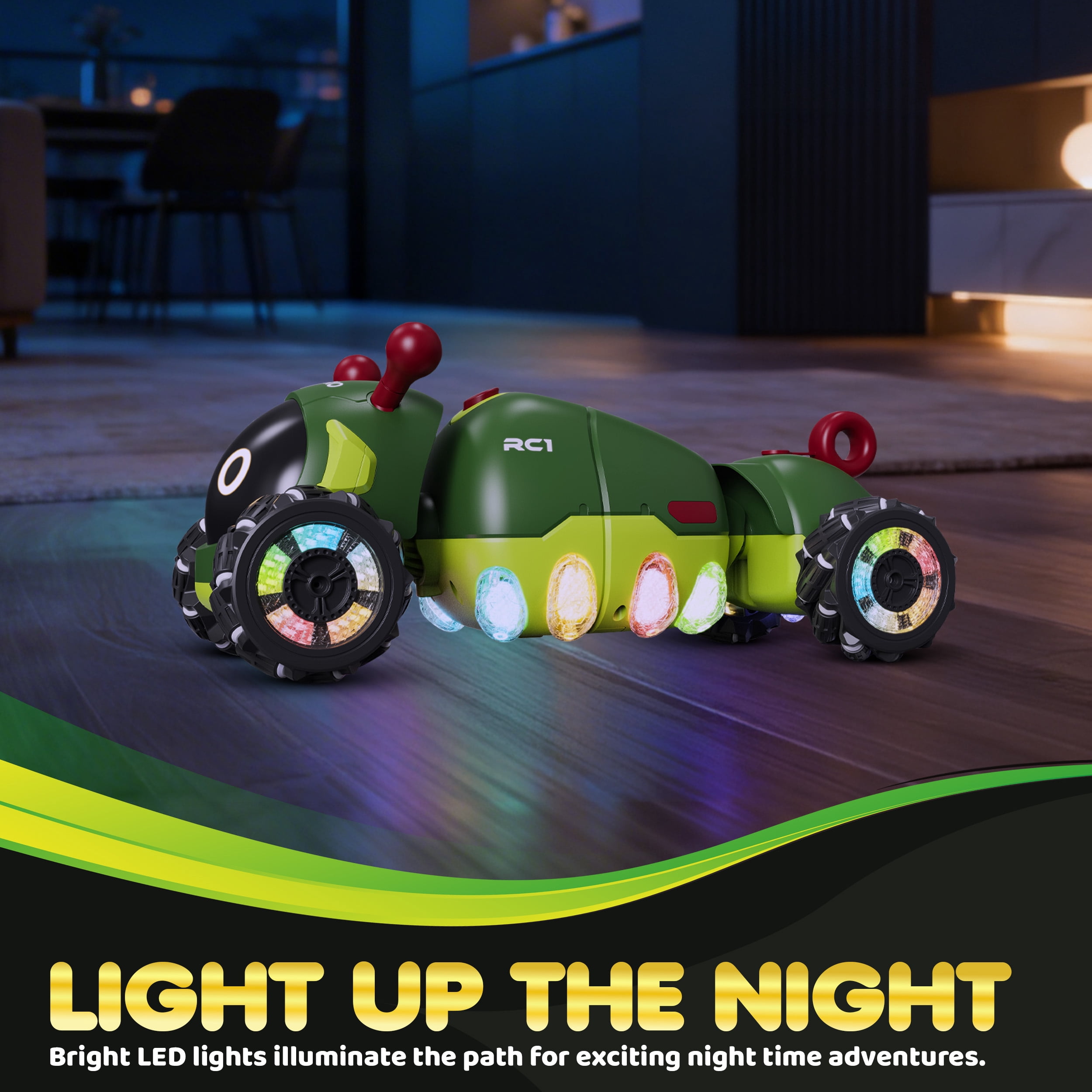 Contixo RC1 Mech Stunt RC Caterpillar Car – Kids Remote Control Car, Omni-Directional 360° Spins, Mist Spray, LED Lights, All-Terrain Stunt Vehicle, Torsion Body, 2.4GHz Remote –Green