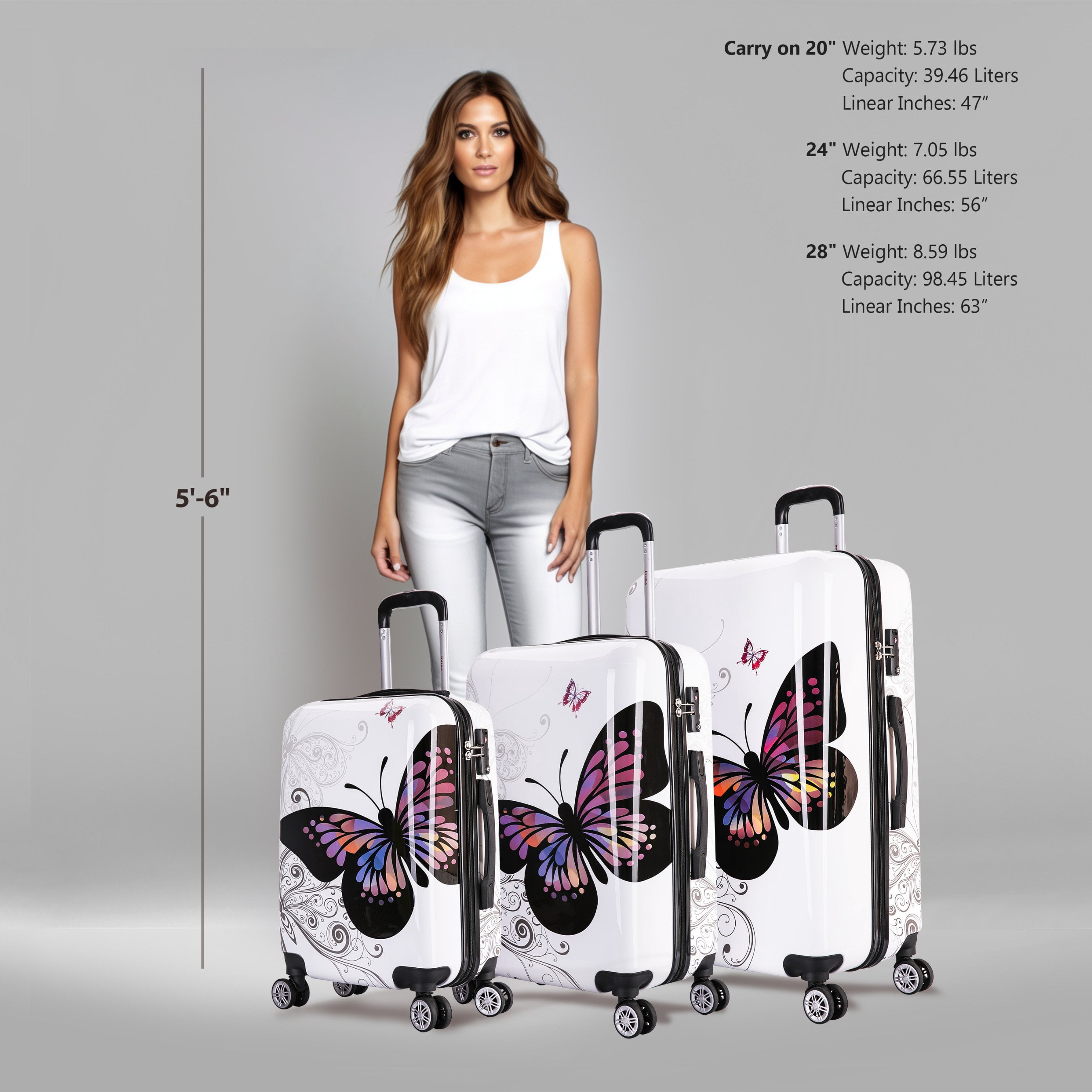 InUSA Print 3-Piece Hardside Luggage Sets with Spinner Wheels, Handle, Trolley, (20"/24"/28"), Butterfly