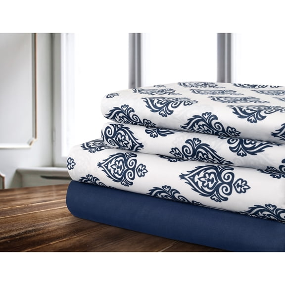 Sheet Set 4PC D Damask Printed Solid Navy