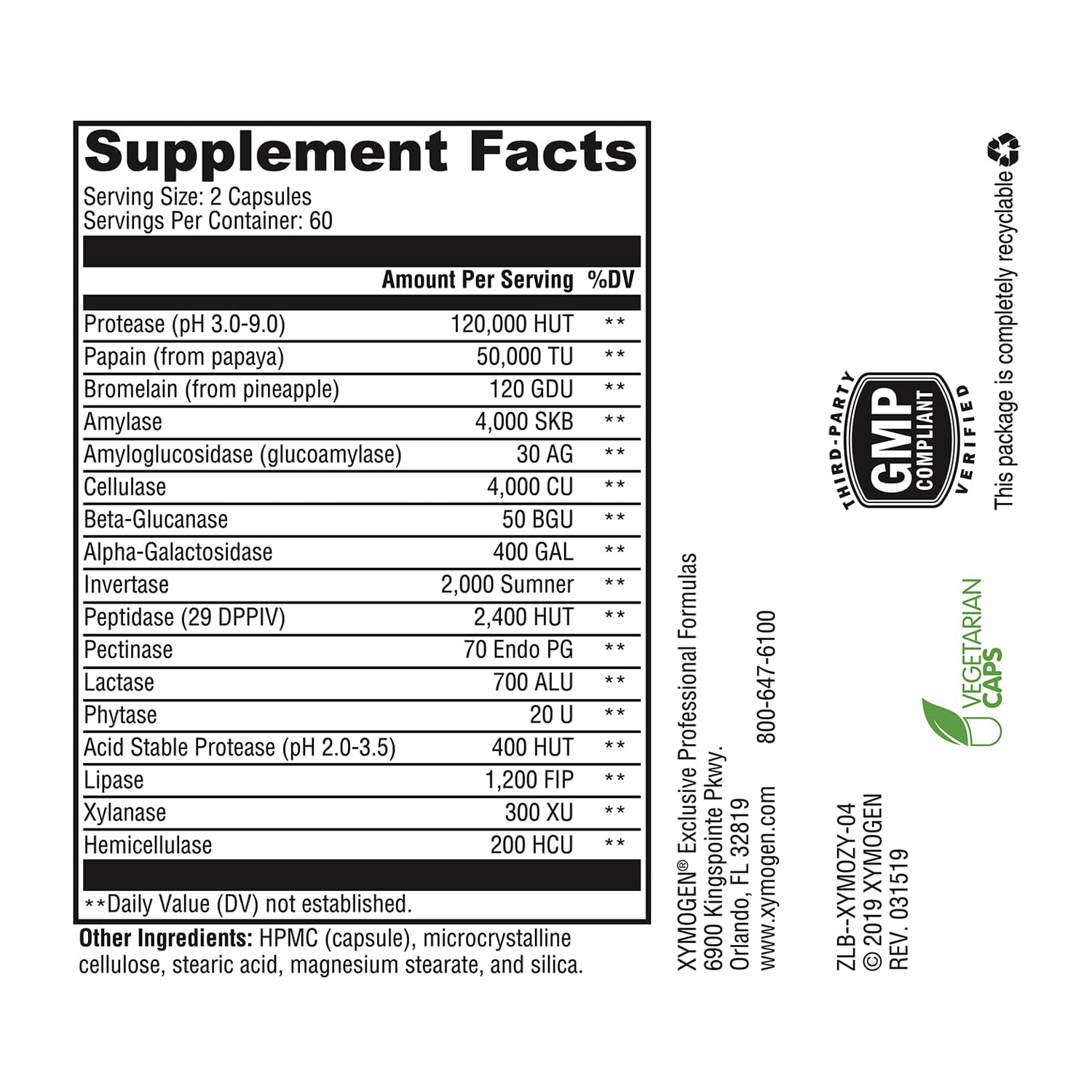 XYMOGEN XymoZyme - Vegan Digestive Enzyme Supplement for Digestive Health Support* - Plant-Based Multi-Enzyme Formula - Gluten-Free & Dairy-Free - 120 Capsules