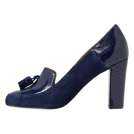 YDN Women Graceful Tassels Block Chunky High Heels Pumps Fringed Round Closed Toe Autumn Spring Dress Ladies Office Shoes Size 9 Royal Blue