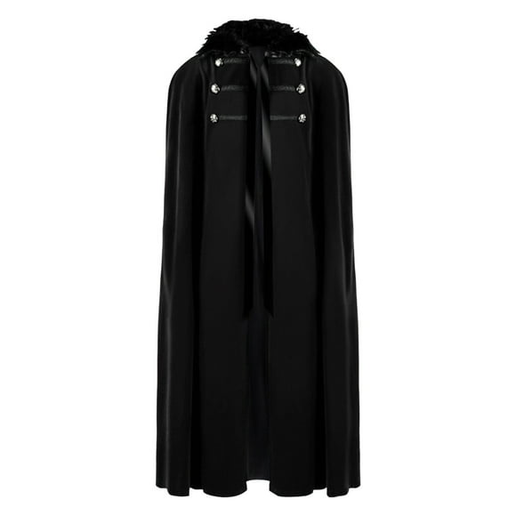 Black Polyester Vintage Solid Halloween Men's Casual Jackets, Male Halloween Vintage Steampunk Lace Up Cloak Coat Hooded Solid Plush Hoodies Cloak