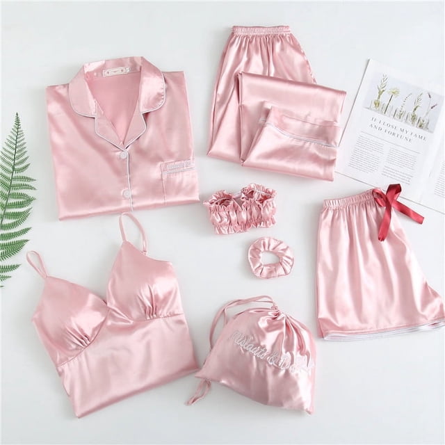 Conjunto de pijamas con estampado de seda para mujer, pantalones cortos de manga larga, Top de cintura elástica, ropa de dormir de salón completo, primavera y verano, 7 Uds.