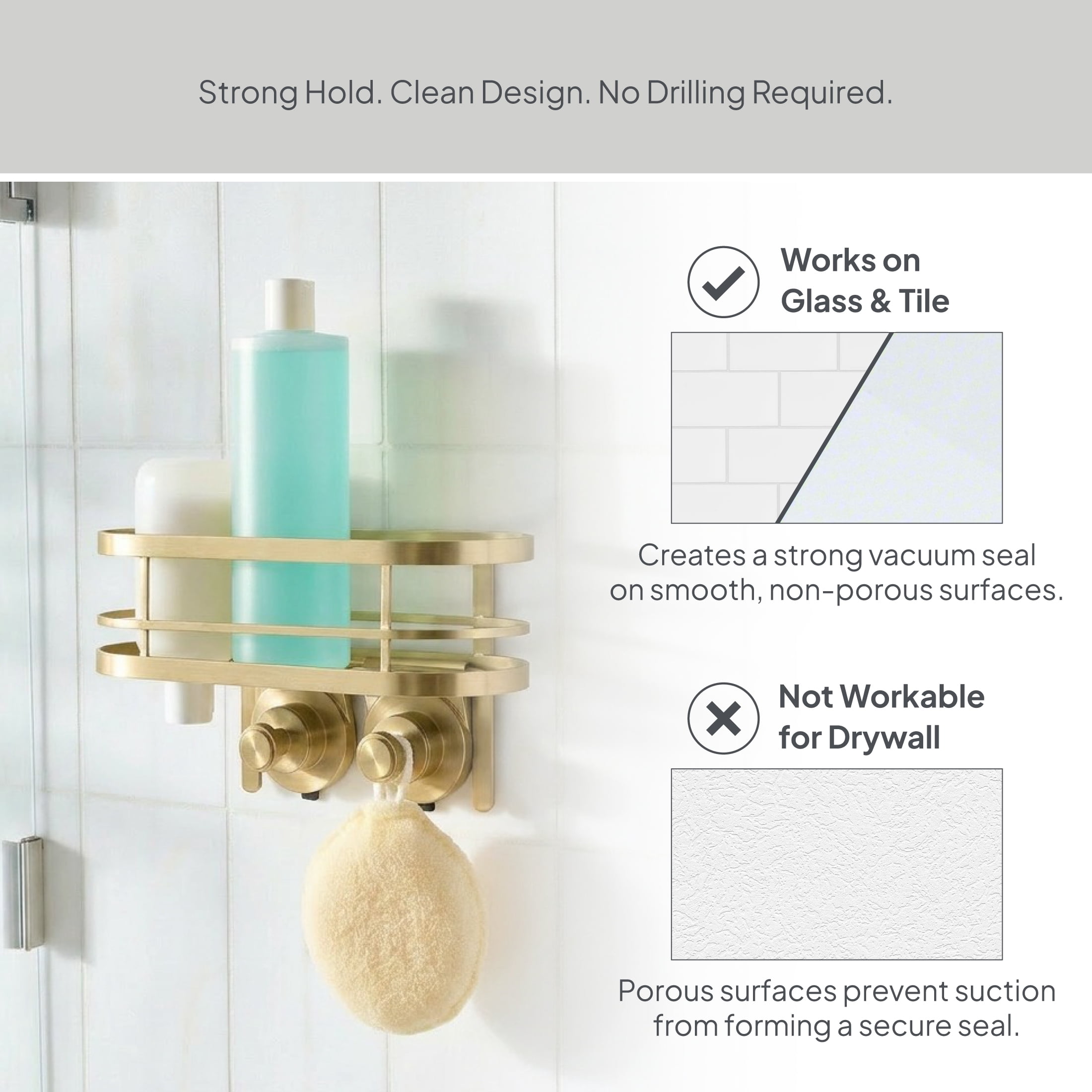 Better Homes & Gardens StyleGrip Suction Mount Shower Caddy with Hooks, Brass