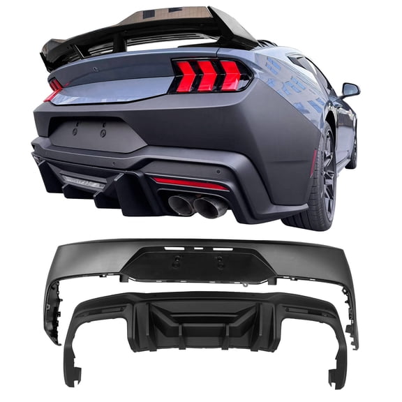 Ikon Motorsports Rear Bumper Conversion W/ Diffuser Lip Compatible with 2024-2026 Ford Mustang 7th Gen S650 PP OE Style Unpainted Rear Bumper Cover Rock Style Matte Black Rear Diffuser 5PC