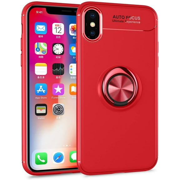 iPhone Xs Case,360 Degree Rotation Invisible Metal Ring Kickstand Protective Case Compatible Magnetic Car Mount Soft TPU Case Shockproof Anti-Scratch Ultra-Slim Cover,Red