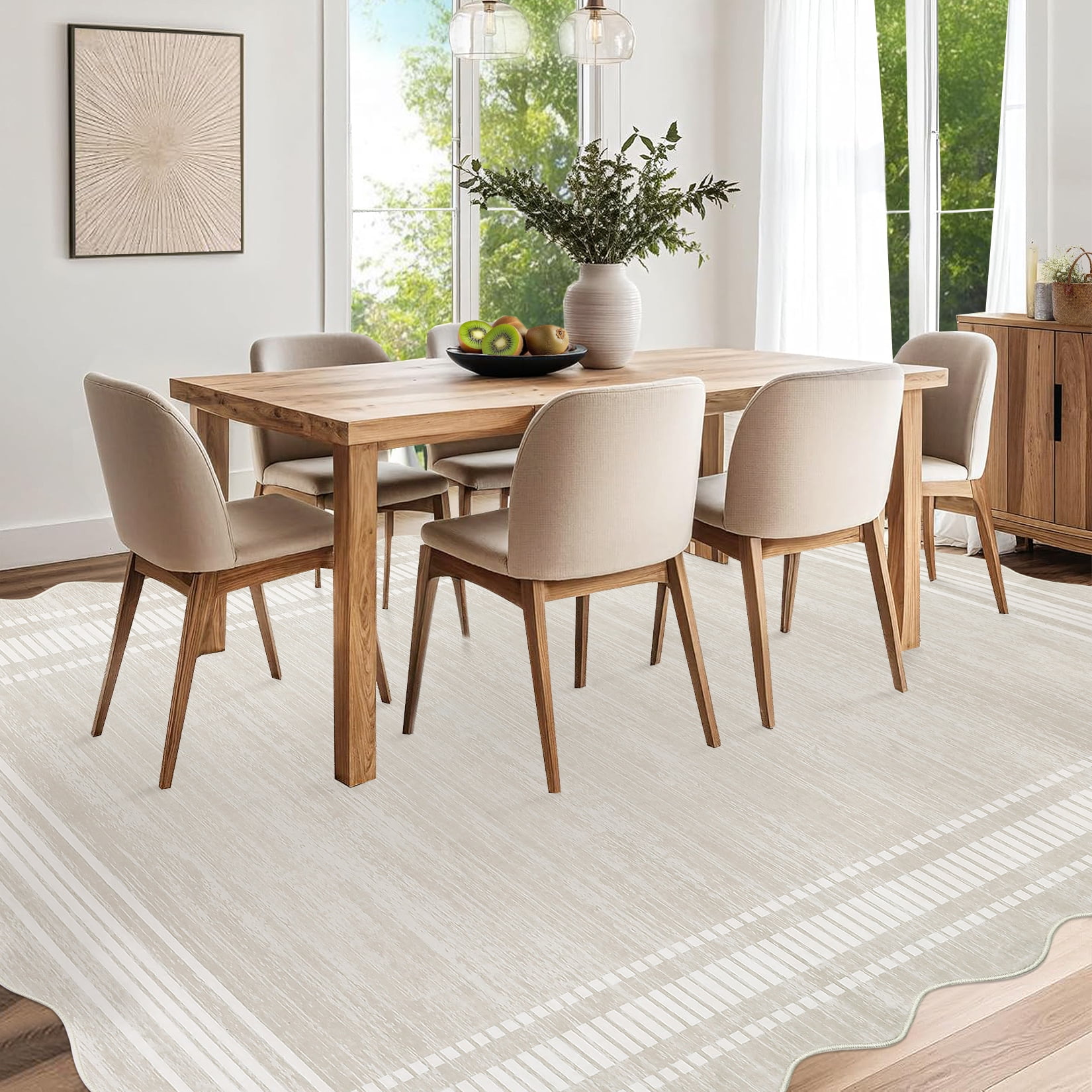 Garvee Modern Bordered Area Rugs, 8'x10' Abstract Aesthetic Soft Living Room Rug Irregular Non-Slip Low-Pile Scalloped Rugs Carpet for Bedroom Dining Room Home Office, Beige