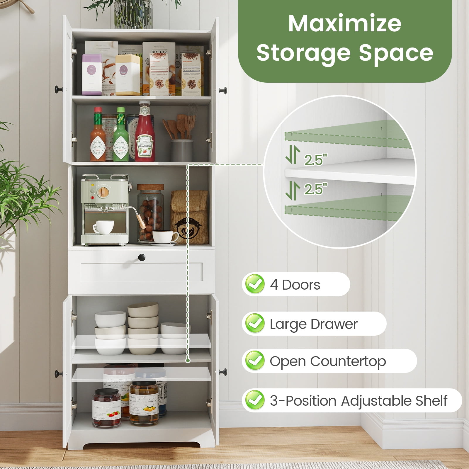 Gymax 67.5'' Kitchen Pantry Cabinet w/4 Doors 1 Drawer Open Countertop Adjustable Shelf White
