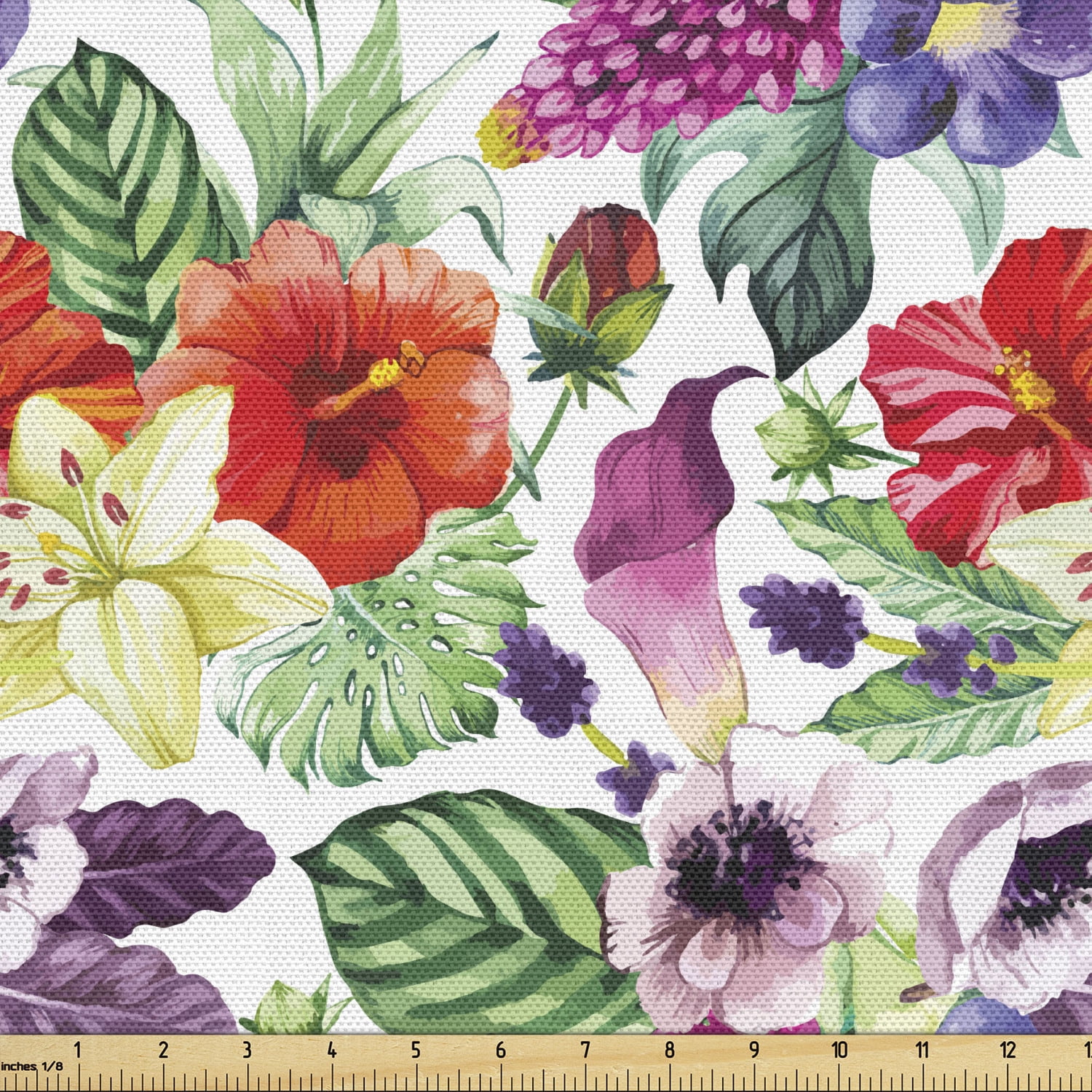 Watercolor Fabric by The Yard, Tropical Flower Pattern