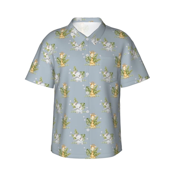 Fotbe Baby Elephant Giraffe Camisa Hawaiana para Hombre Unisex – Camisa Casual de Verano con Botones de Manga Corta de Algodón y Lino,3X-Large