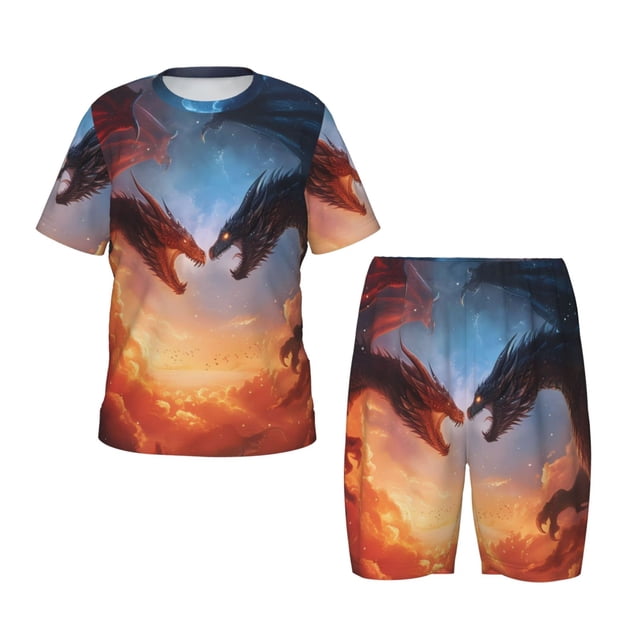 Balery Red And Blue Fire Cloud Dragon Conjunto de Pijama Infantil de Manga Corta con Estampado – Ropa de Dormir de Algodón Suave-XX-Large