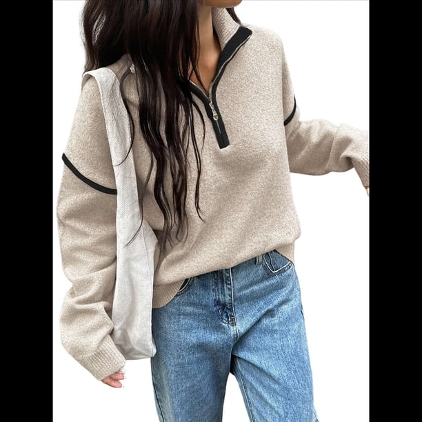 Suéteres Casuales con Cuello en V y Larga para Mujer, con Cremallera de un Cuarto, de Punto Holgado, con Bloques de Color y Cuello en V, para Otoño. L