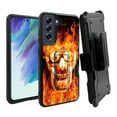 thumbnail image 1 of ANJ+ Rugged Dual Layer Hybrid Holster Kickstand Case w/ Card Slot + Tempered Glass Cover for Samsung Galaxy S21 FE 5G - Flame on Skull, 1 of 3