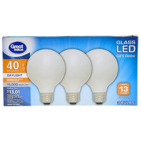 Great Value 40W Equivalent G25 Globe LED Light Bulb, Glass, Dimmable, Daylight,