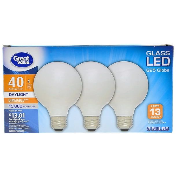 Great Value 40w Equivalent G25 Globe Led Light Bulb Glass Dimmable Daylight 3 Pack Walmart Walmart 