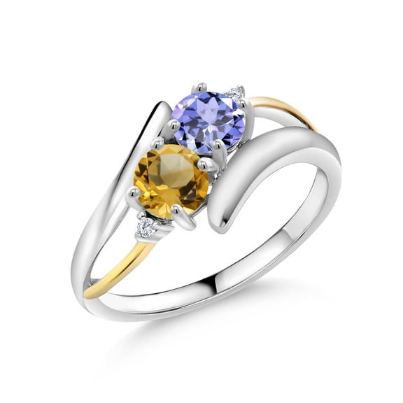 Gem Stone King 1.21 Ct Round Blue Tanzanite Yellow Citrine 925 Silver and 10K Yellow Gold Lab Grown Diamond Two Stone Crossover Ring (Size 5)