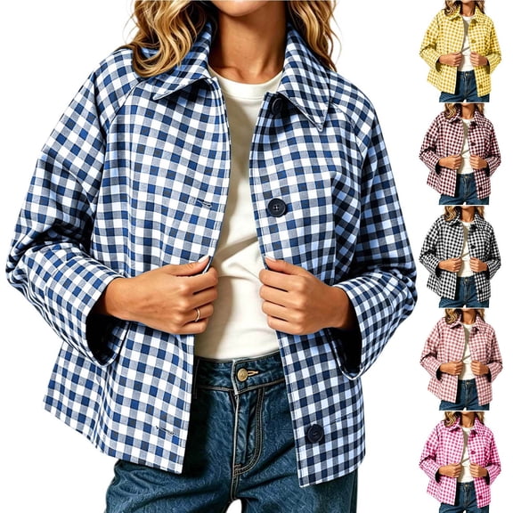 Lcziwo Womens Crop Plaid Jacket Gingham Button Down Lapel Casual Shacket Loose Fit Fall Dressy Outfits with Pockets Blue,L