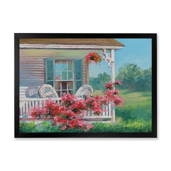 Designart 'Patio & Blossiming Red Flowers With Wooden House' Traditional Framed Art Print