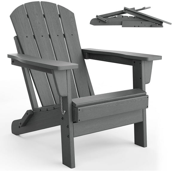 Folding Adirondack Chairs, HDPE Plastic Outdoor Chairs with Wood Texture - 380Lbs & Weather Resistant for Fire Pit, Deck, Patio, Pool, Backyard - Gray