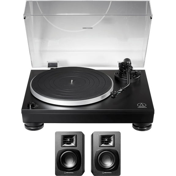 Audio Technica AT-LP5X 3-Speed Fully Manual Direct Drive Turntable with Audio Technica AT-SP3X Powered Bookshelf Speakers with Bluetooth (2020)