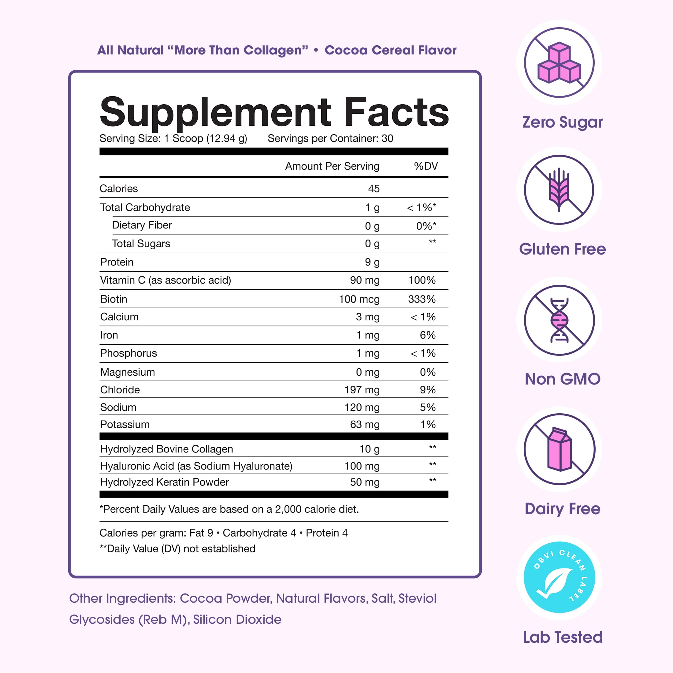 Obvi More than Collagen Peptides Powder, Cocoa Cereal, 30 Servings, 13.68 oz, 10g Collagen