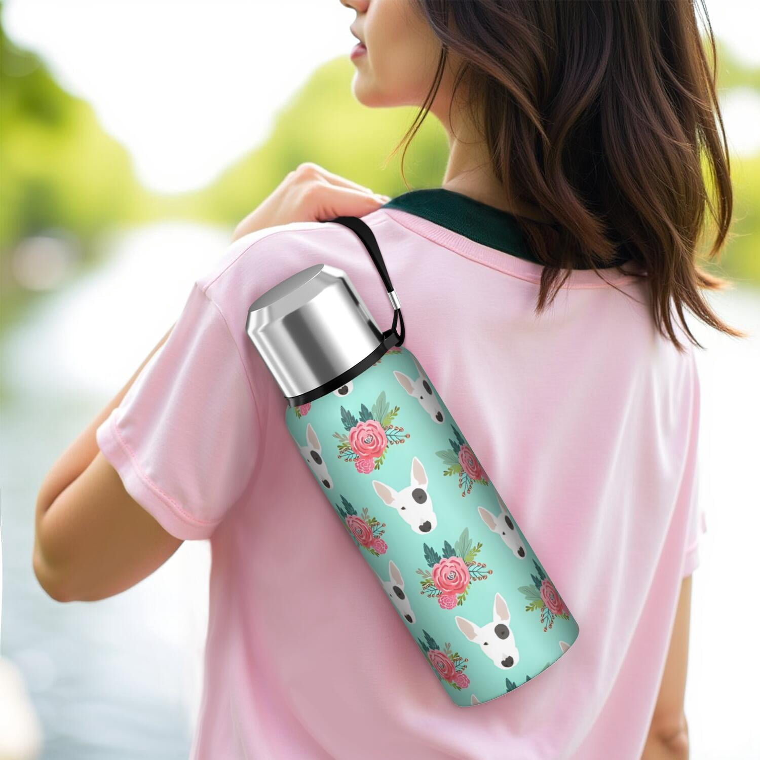 20 Oz Bull Terrier Dog and Flower Florals Coffee Tumbler Double Wall Insulated Stainless Steel Water Bottle | Metal Reusable Thermoses Flask with Cup Cap | Leak & Sweat Proof with Anti-Dust Lid