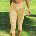thumbnail image 5 of ZQUUVOU Women's Plaid Capri Pants Lace Trim Side Split Fitted Cropped Pants Elastic Waist Stretchy Slim Fit Casual Summer Pants Yellow, 5 of 7