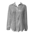 thumbnail image 4 of TUOYUAN Womens Plus Size Sequined Blouse Lapel Long Sleeve Sparkly Shirt Jacket Going Out Top Fall Winter,Silver,SIZE:M, 4 of 5