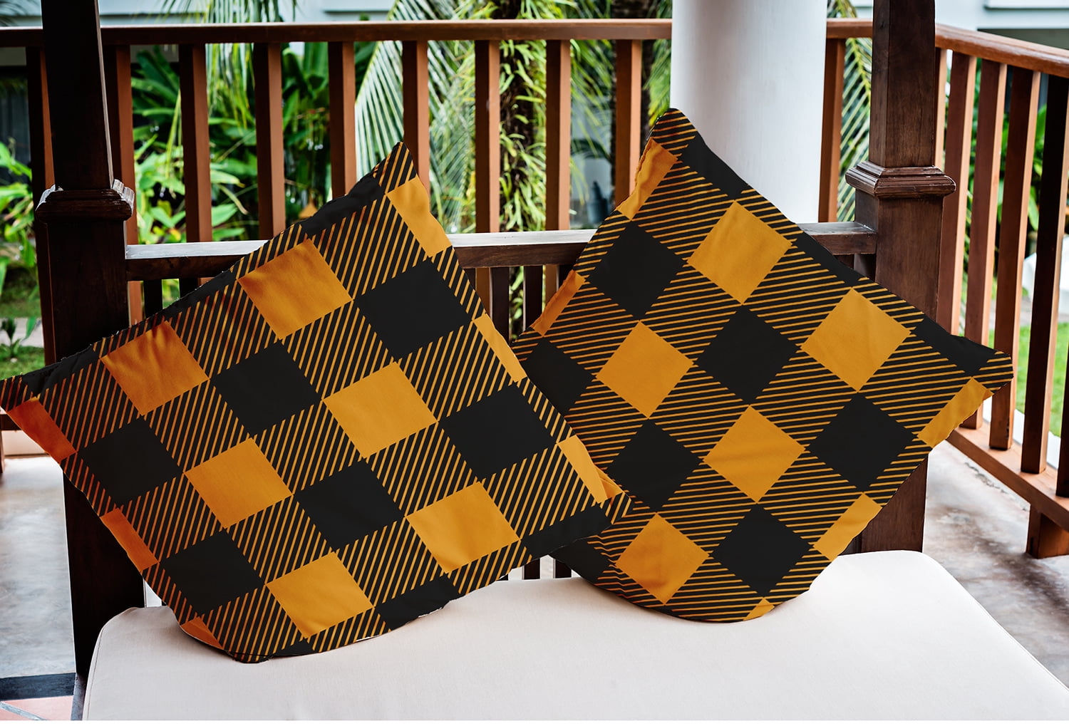 16" x 16" Simply Daisy Buffalo Plaid Polyester Indoor/Outdoor Pillow, Golden Mustard Qty 1
