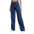 thumbnail image 3 of Women's Plus Size High Waist Wide Leg Jeans, Stretch Denim Straight Leg Pants with Side Pockets, Loose Fit Vintage Washed Mom Jeans for Casual and Daily Wear Dark Blue L, 3 of 10