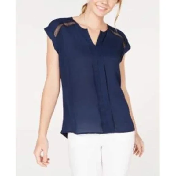 BCX Juniors' Crochet-Trimmed Pleat-Front Blouse Navy Size XS