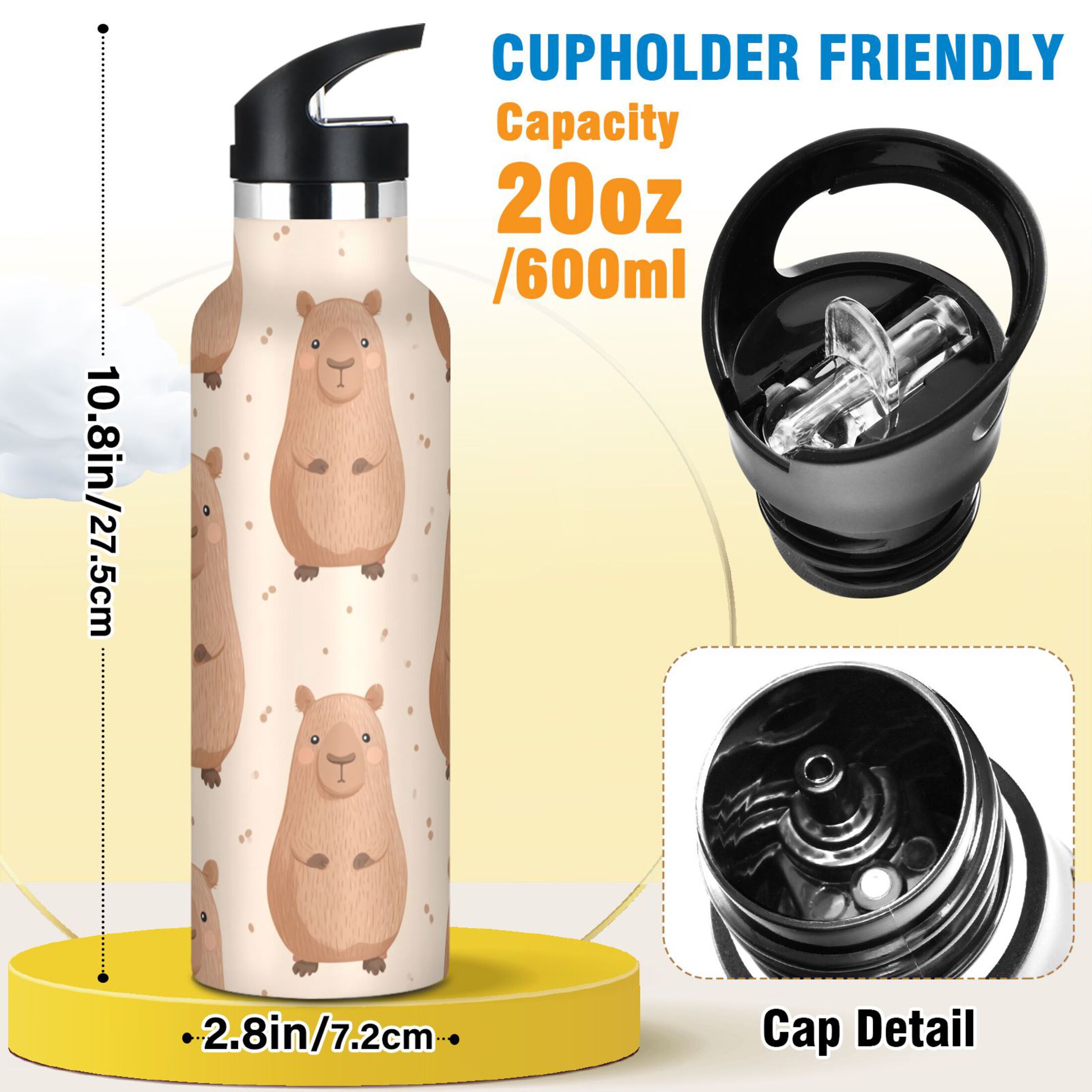 600ML Stainless Steel Insulated Cup Sports Water Bottle Portable Thermos Cup Water Glasses Insulated Tumblers Convenient and Durable Capibara Cute