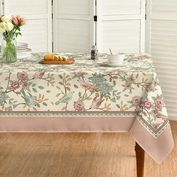 Floral Rectangular Tablecloth 60x84 Inch, Pink Birds Elegant Vintage Washable Seasonal Table Cover for Party Picnic Dinner Decor