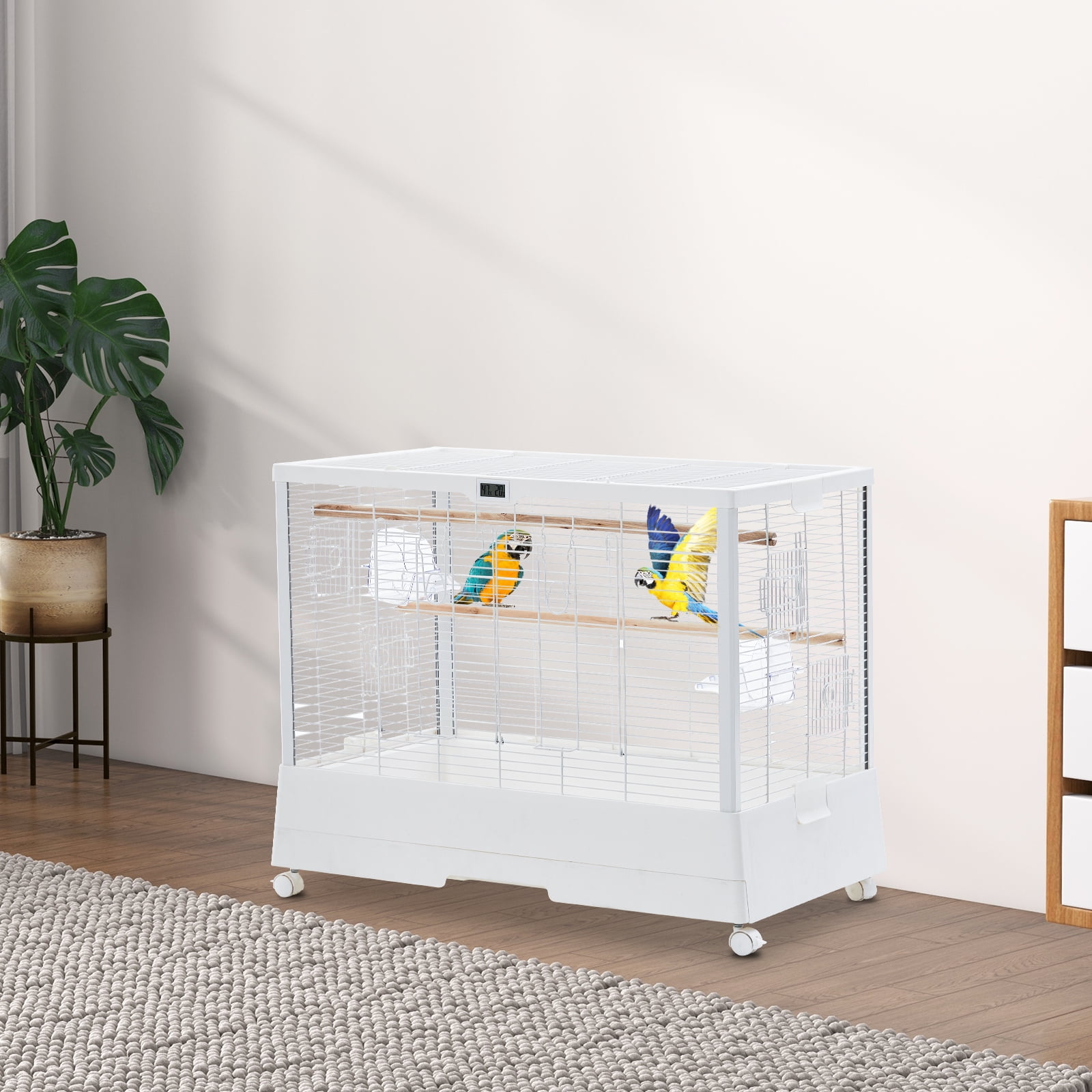 Spacious Metal Bird Cage with Play Top – Rolling Stand. Storage Shelf. -Out Tray – Flight Cage for Parrots. Cockatiels. Conures. Parakeets. Budgies. Lovebirds. Finches. Canaries – White