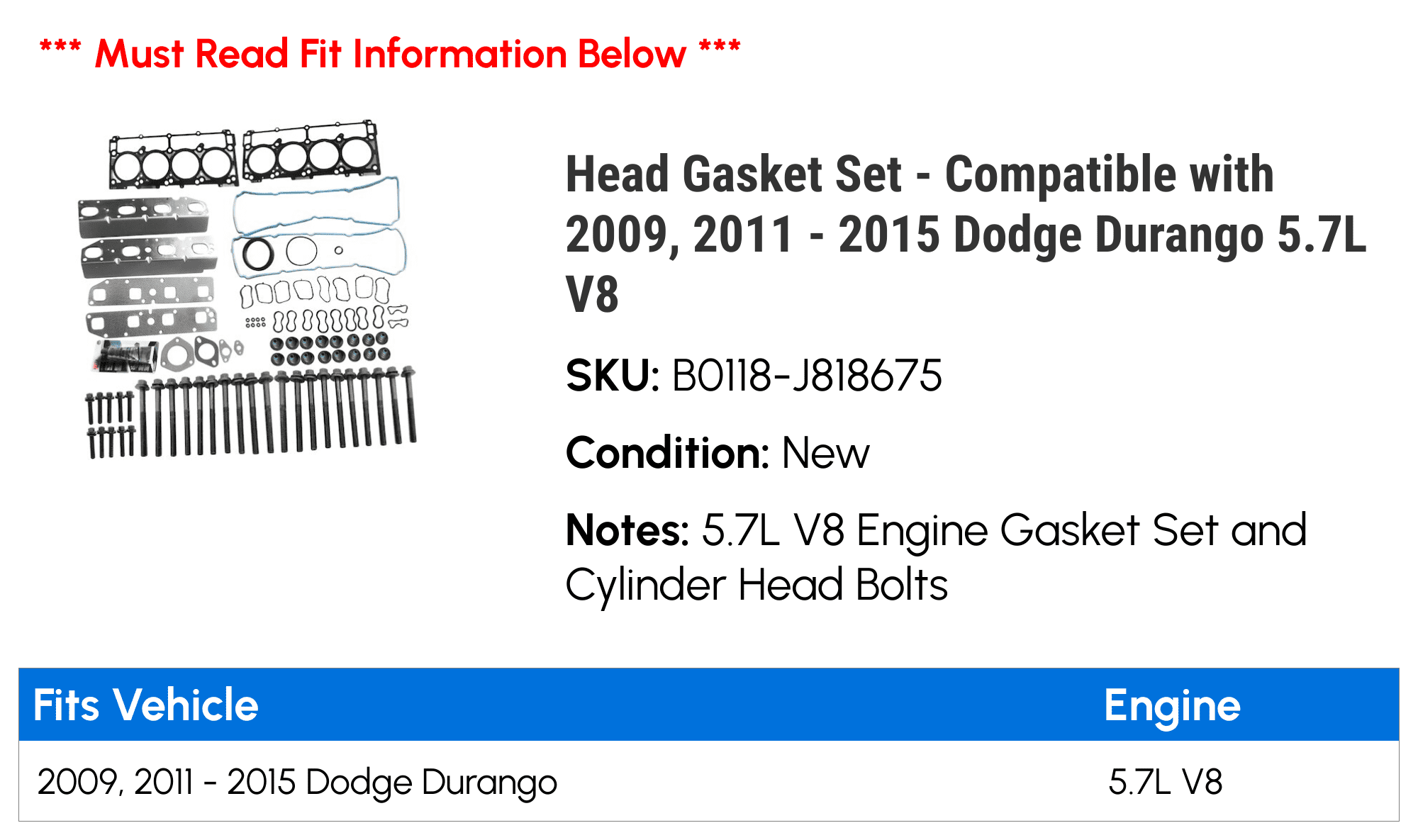 Head Gasket Set - Compatible with 2009, 2011 - 2015 Dodge Durango 5.7L V8 2012 2013 2014