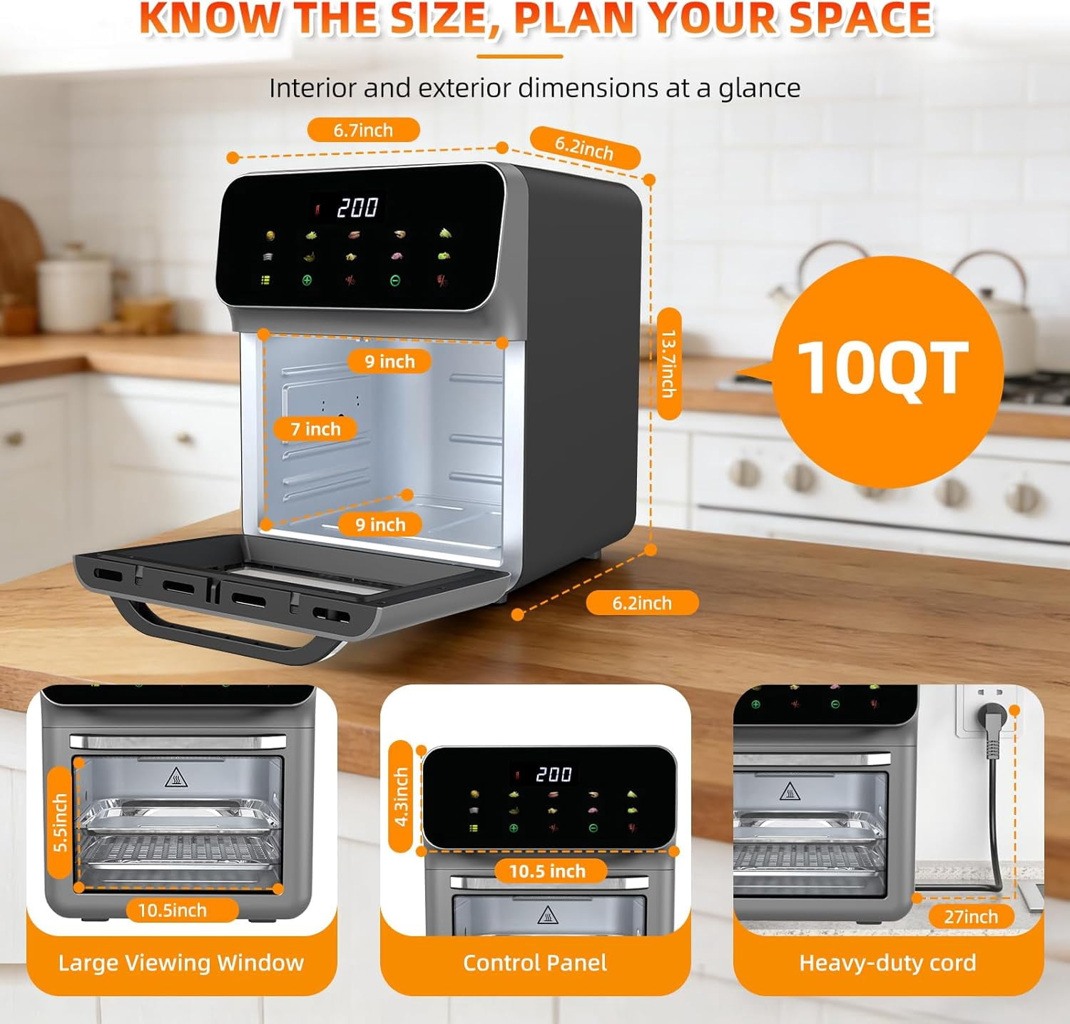 Air fryer desktop convection oven, transparent door and glass window; Timer function, controlled by digital LED touch screen with automatic shutdown function, air fryer with 10 liter capacity for oil