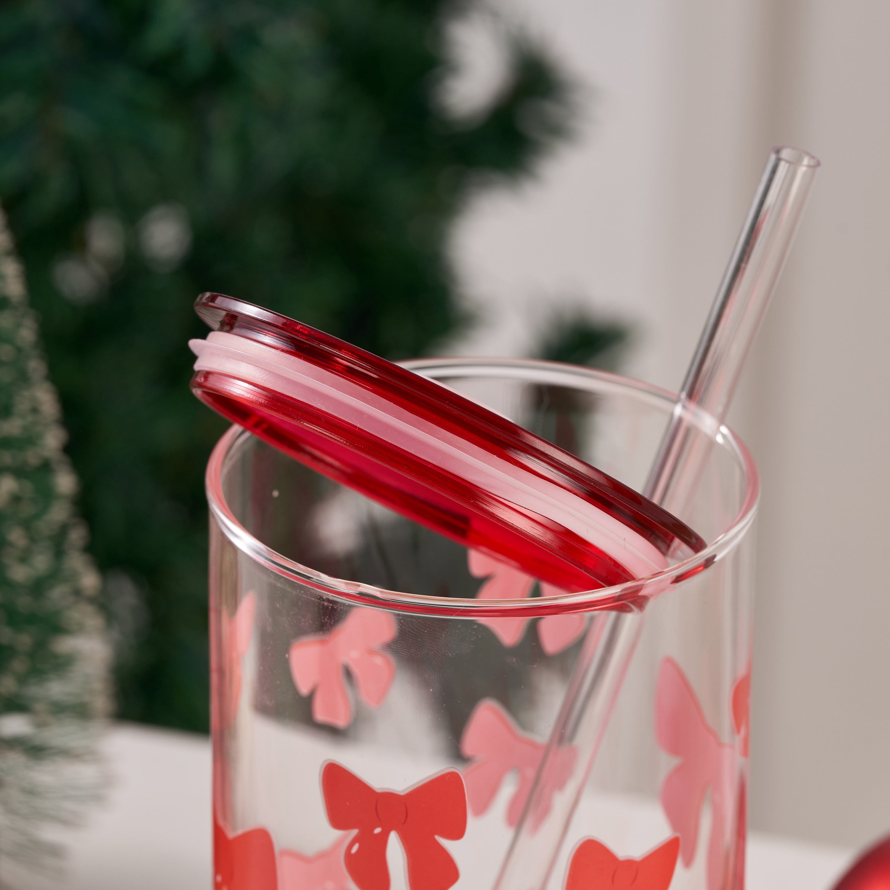 Bows Can Sipper Glass with Lid 20 OZ Holiday Time