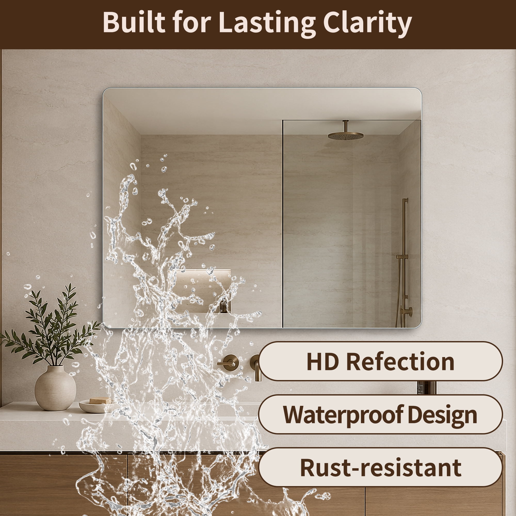Garitin Bathroom Mirror and Frameless Vanity Mirror 40 x 30 Inch, Rounded Rectangle Wall Mount with HD Silver Glass for Bathroom, Clear