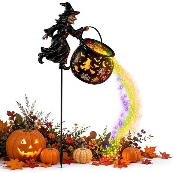 Halloween Witch Cauldron Garden Light, Solar Powered Outdoor Yard Stake with Multicolor LED Potion Cascade, Illuminated Cutout Artwork for Patio Pathway Porch Entryway Party Decor，1pcs 7.09*32.28in