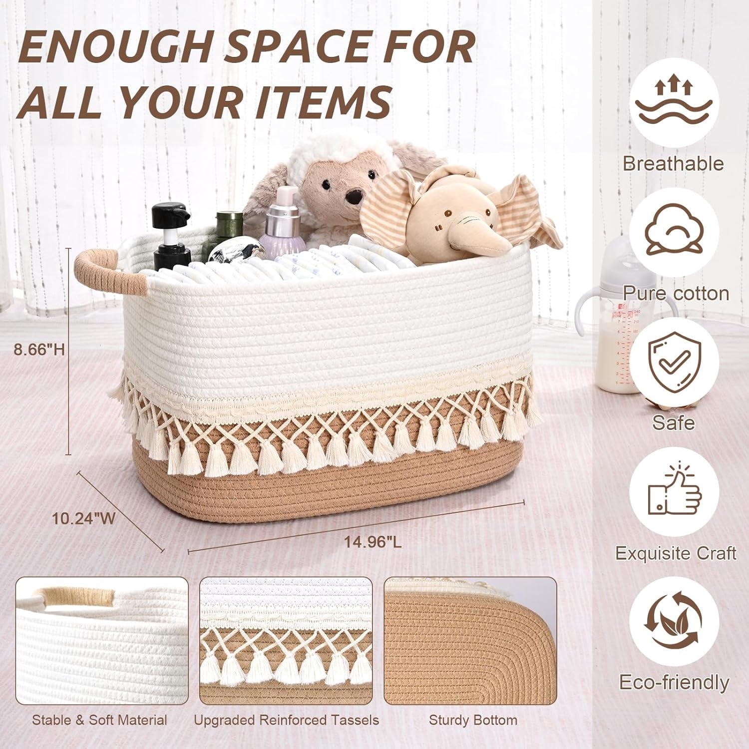 Natubeau 3 Pack Woven Storage Baskets, Jute 22L Large Storage Basket for Organizing, Cotton Rope Storage Bins with Heavy Tassel, Cube Laundry Baskets