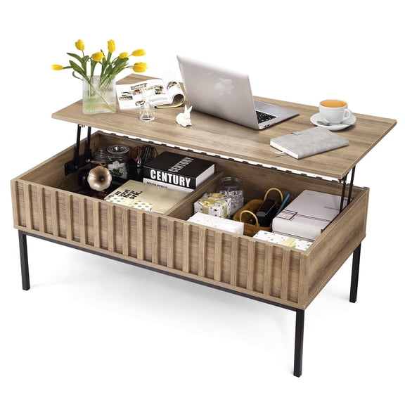 Luku Wooden Coffee Table, Lift Top Coffee Table with Storage Shelf and Hidden Compartment, Metal Frame Rising Dining Center Tables for Living Room, Teak Effect Finish